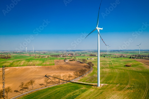 Big wind turbines in spring, aerial view of Poland