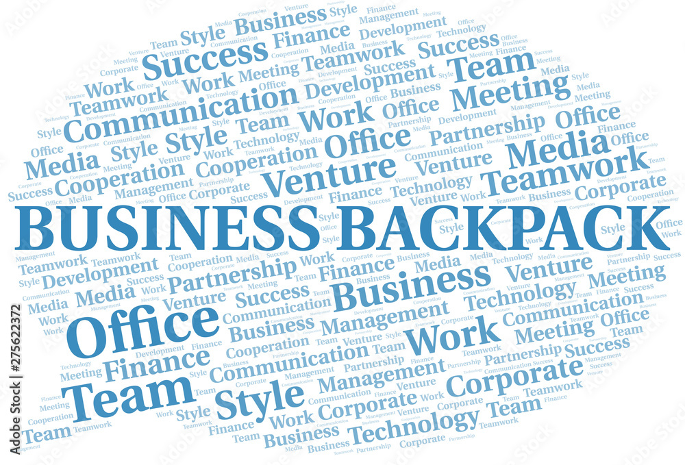 Business Backpack word cloud. Collage made with text only.