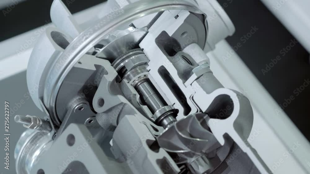 Structure of new automotive turbines to increase engine power is presented for review at the exhibition. Shot in motion Structure of new automotive turbines to increase engine power is presented for review at the exhibition. Shot in motion