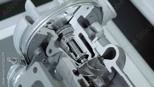 Structure of new automotive turbines to increase engine power is presented for review at the exhibition. Shot in motion