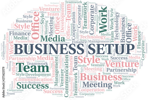 Business Setup word cloud. Collage made with text only.