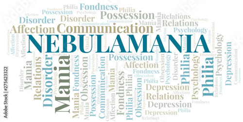 Nebulamania word cloud. Type of mania, made with text only.