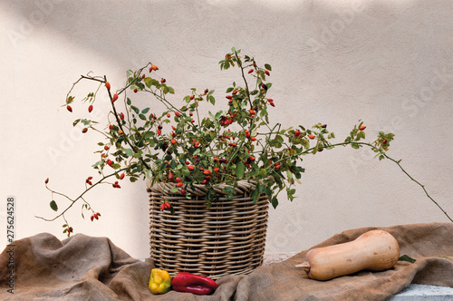 wicker basket woven with red berries, pumpkin and peppers. .