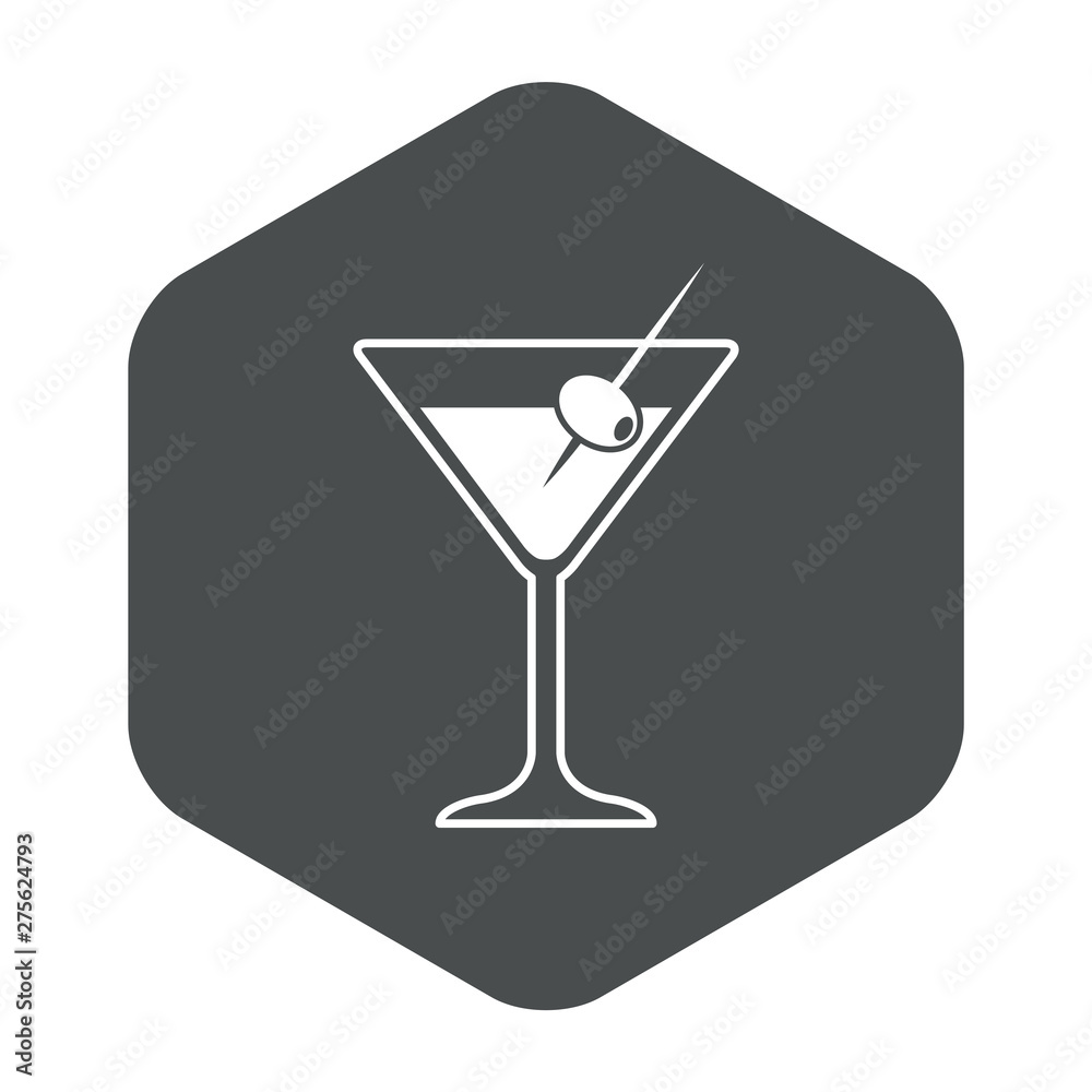 Icono plano cocktail con aceituna en hexágono color gris Icono plano cocktail con aceituna en hexágono color gris