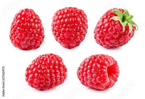 Raspberry isolate. Raspberry with leaf. Red raspberries isolated on white background.