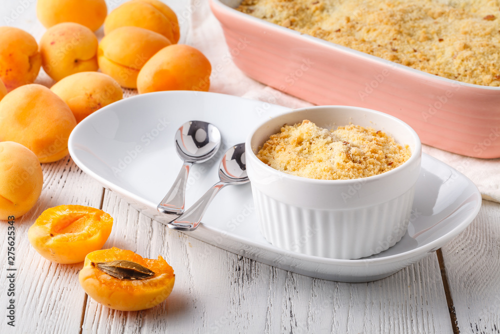 Breakfast concept for health, apricot crumble pie Breakfast concept for health, apricot crumble pie