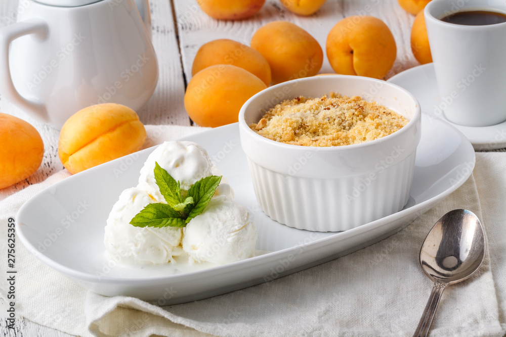 Breakfast concept for health, apricot crumble pie Breakfast concept for health, apricot crumble pie