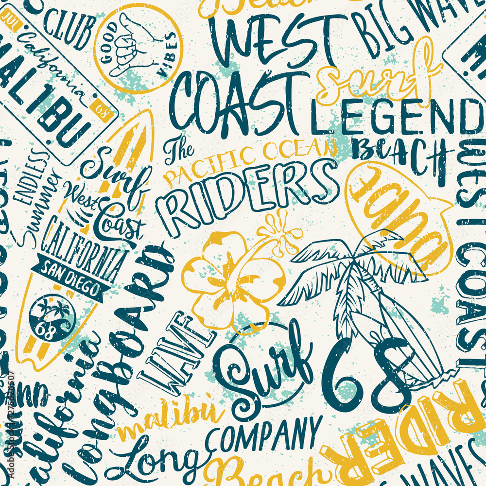 West coast California kid surfing company abstract vector seamless pattern for children wear shirt board short fabric