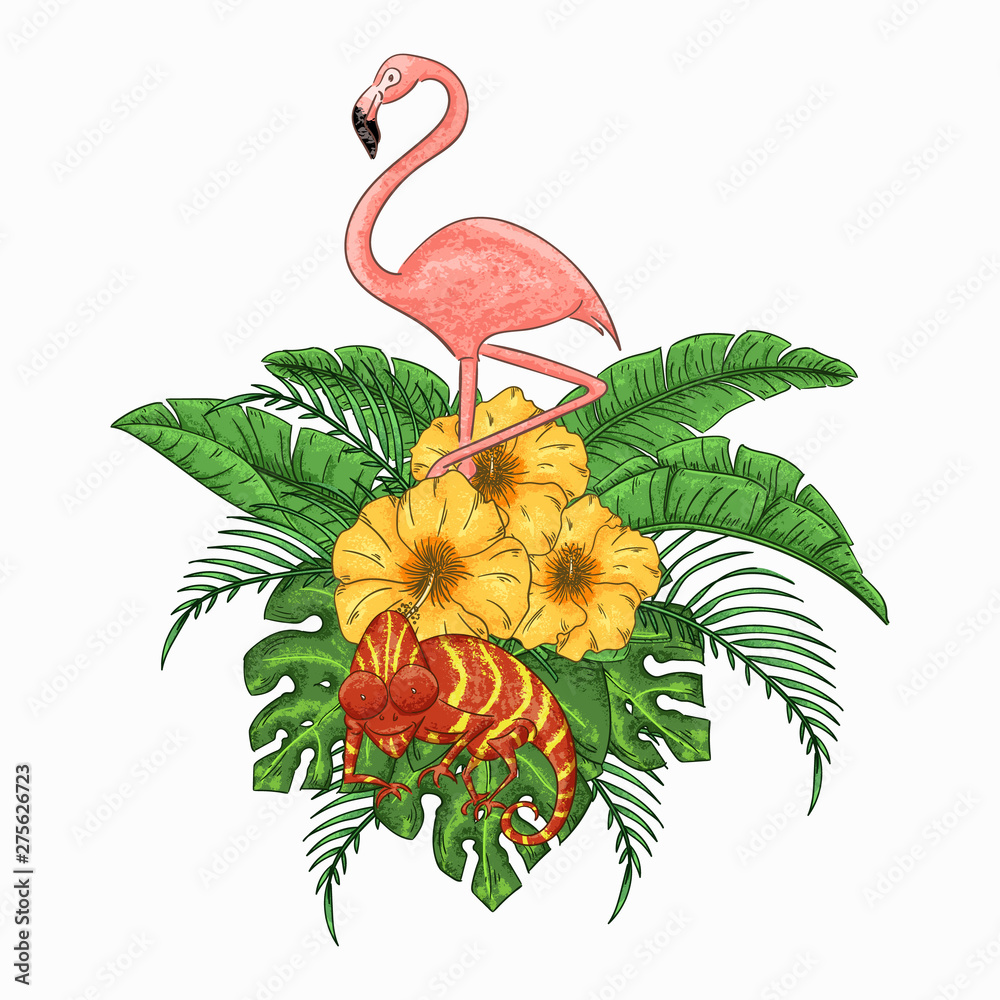 Obraz premium Flamingo and chameleon party invitation. Tropical Hawaiian poster.