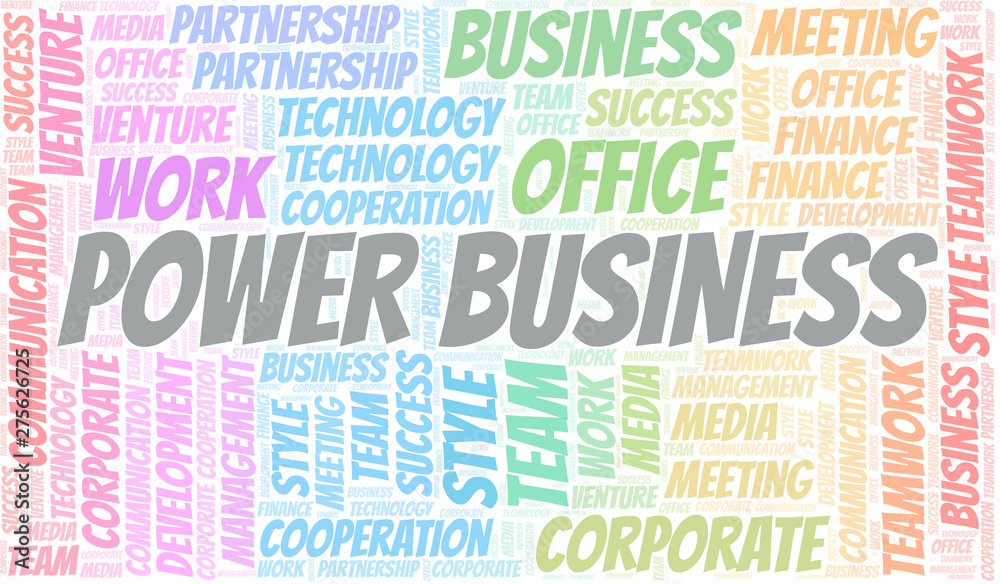 Power Business word cloud. Collage made with text only.