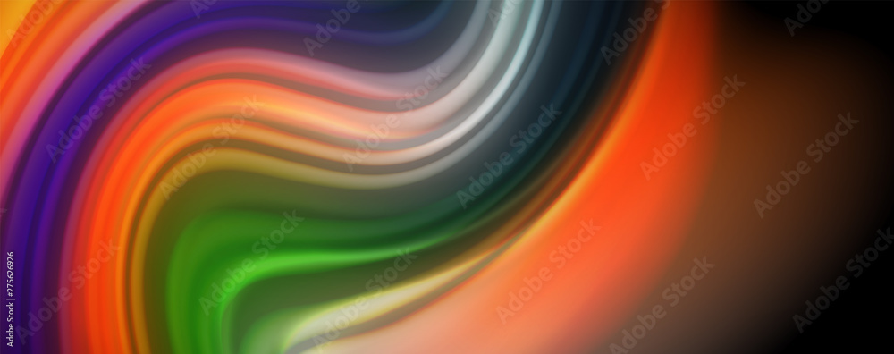 Modern rainbow liquid color flow colorful poster. Wave Liquid shape in black color background. Abstract composition