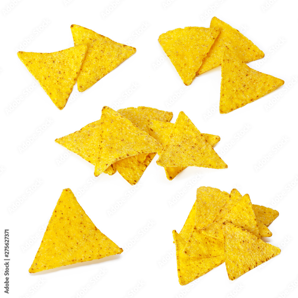 Mexican nachos set on white background collage Mexican nachos set on white background collage