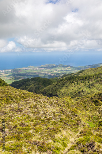 Panorama of Sao Miguel island from Lagoa to Fogo crater lake, Azores archipelago