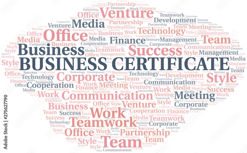 Business Certificate word cloud. Collage made with text only.