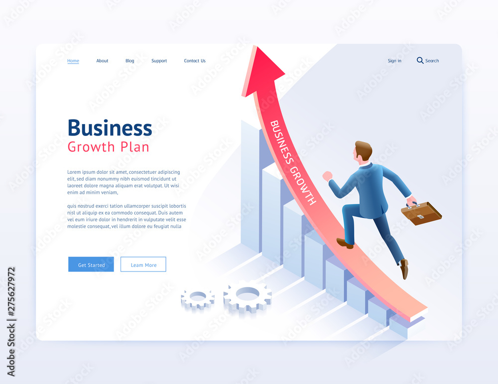 Business growth plan website UI/UX design. Businessman running on red arrow and infographic isometric elements. - obrazy, fototapety, plakaty 