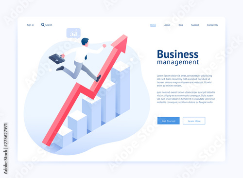 Business management website UI/UX design. Businessman running on red arrow and infographic elements.