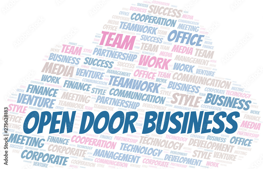 Open Door Business word cloud. Collage made with text only.