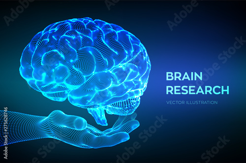 Brain. Human brain research. 3D Science and Technology concept. Neural network. IQ testing, artificial intelligence virtual emulation science technology. Brainstorm think idea. Vector illustration.