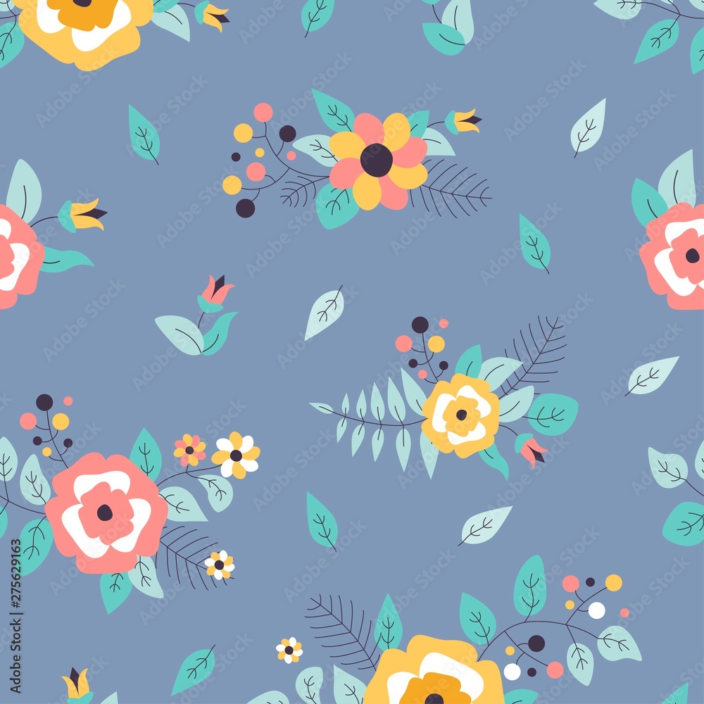 Seamless pattern with flowers, leaves and berries. Vector spring template. Design for paper, cover, fabric, interior decor. Seamless pattern with flowers, leaves and berries. Vector spring template. Design for paper, cover, fabric, interior decor.