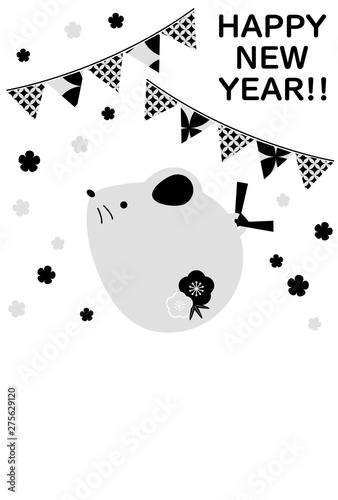 モノトーンの可愛いネズミの年賀状イラスト