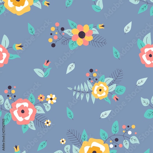 Seamless pattern with flowers, leaves and berries. Vector spring template. Design for paper, cover, fabric, interior decor.