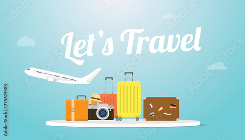 lets travel or holiday poster concept with plane and luggage bag and big text or words with modern flat style - vector