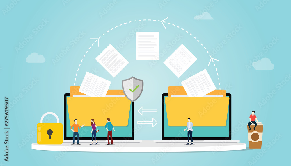 file transfer concept with folder and files transfering move with security and padlock and team people with modern flat style - vector