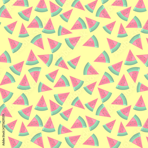  fresh pink slice watermelon green peel with seeds transparency yellow background seamless pattern illustration