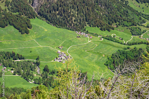 Panoramic view of flowering meadows and woods in the Blenio valley in Switzerland  in spring.