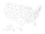 Political map of United States od America, USA. Simple flat black outline vector map with black state name labels on white background