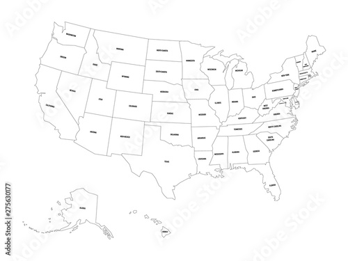 Political map of United States od America, USA. Simple flat black outline vector map with black state name labels on white background