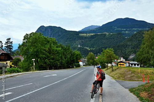 Austrian Alps-view on the cyclist in the Oberdruaburg