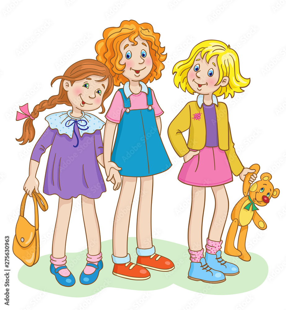 Three cute girlfriends. In cartoon style. Isolated on white background. Vector illustration. Three cute girlfriends. In cartoon style. Isolated on white background. Vector illustration.