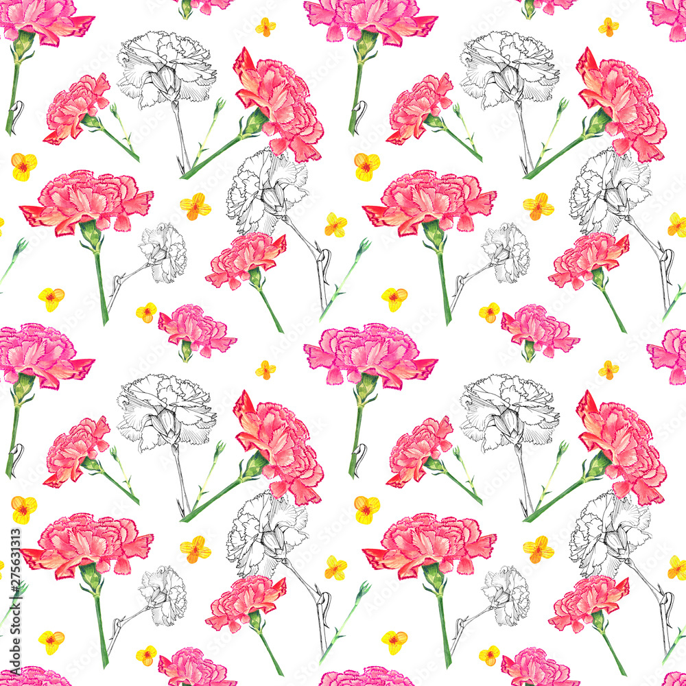 Carnation and buttercup flowers on white background, mixture of watercolor and ink graphics hand-drawn illustration, seamless pattern Carnation and buttercup flowers on white background, mixture of watercolor and ink graphics hand-drawn illustration, seamless pattern