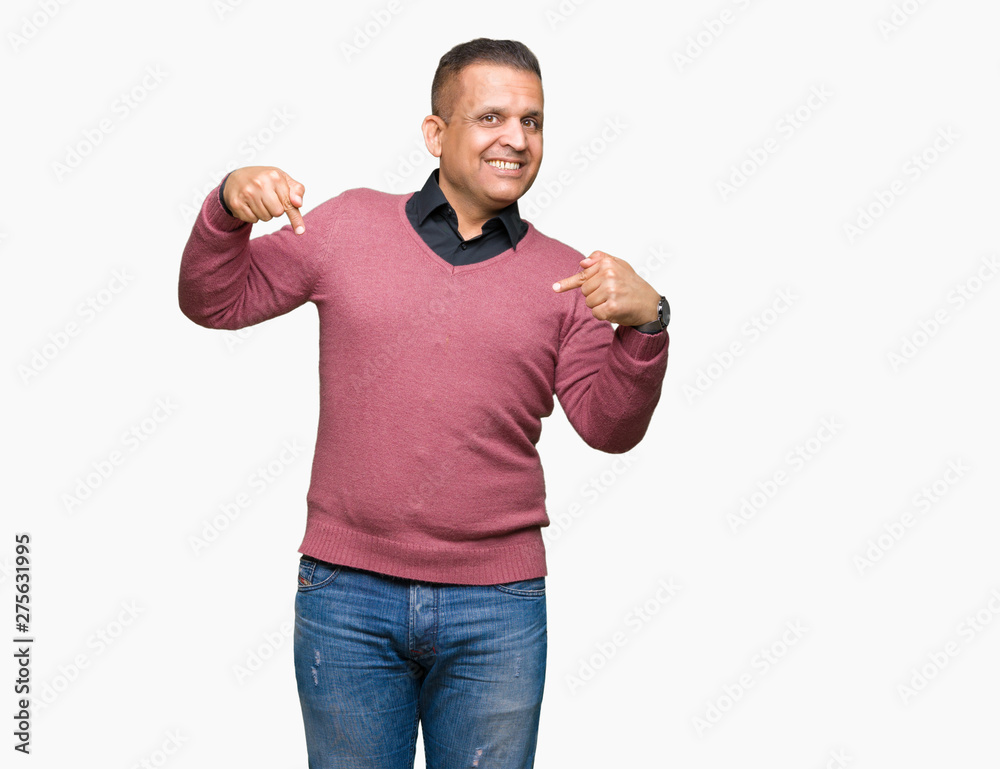 Middle age arab man over isolated background looking confident with smile on face, pointing oneself with fingers proud and happy. Middle age arab man over isolated background looking confident with smile on face, pointing oneself with fingers proud and happy.