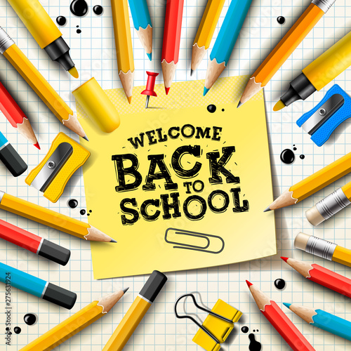 Back to school design with pencils and sticky notes. Vector illustration with post it, red pin, supplies and hand lettering for greeting card, banner, flyer, invitation.