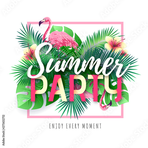 Summer beach party typography poster with flamingo and tropic leaves