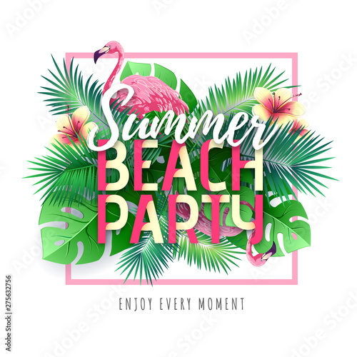 Summer beach party typography poster with flamingo and tropic leaves