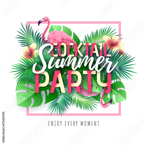 Summer cocktail party typography poster with flamingo and tropic leaves