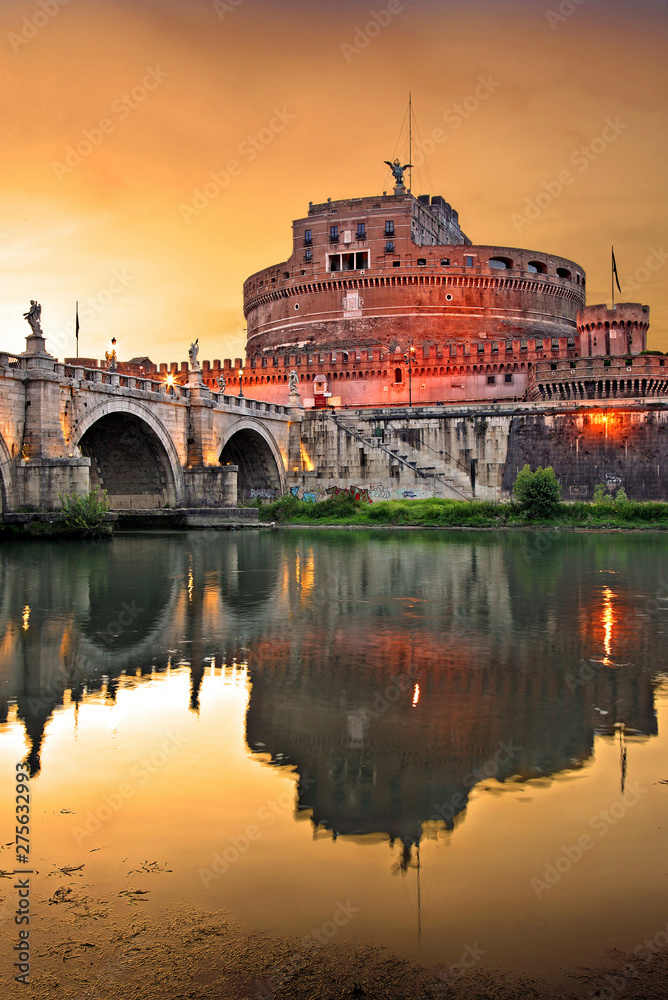  Sunset at Tiber river, Castel Sant'Angelo and Ponte Sant'Angelo , Rome, Italy.
