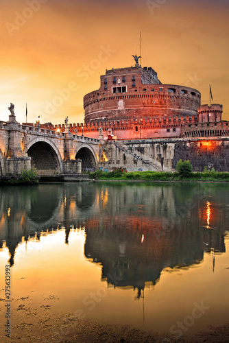  Sunset at Tiber river, Castel Sant'Angelo and Ponte Sant'Angelo , Rome, Italy.