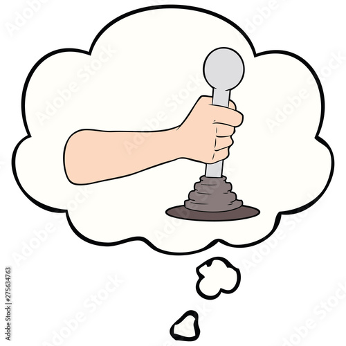 cartoon hand pulling lever and thought bubble