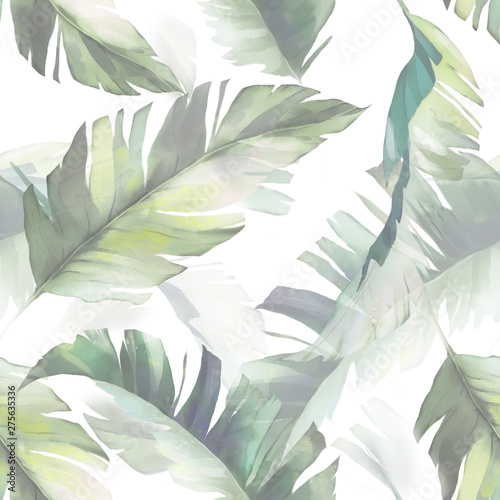 watercolor seamless pattern with tropic leaves. Hand drawn background. Botanic pattern for wallpaper or fabric. Exotic Tile.