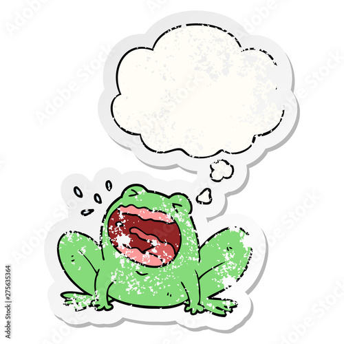 cartoon frog shouting and thought bubble as a distressed worn sticker