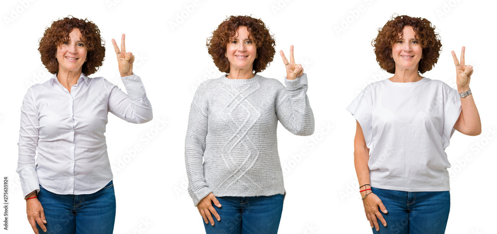 Collage of middle age senior business woman wearing white t-shirt over white isolated background showing and pointing up with fingers number two while smiling confident and happy. Collage of middle age senior business woman wearing white t-shirt over white isolated background showing and pointing up with fingers number two while smiling confident and happy.