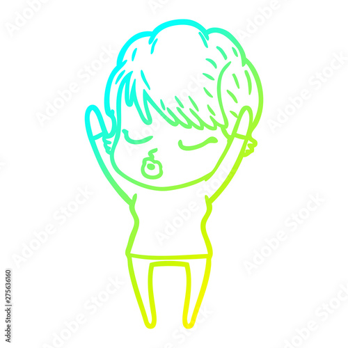 cold gradient line drawing cartoon woman with eyes shut