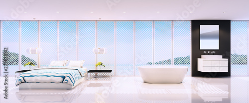 3d rendering bedroom interior with sea view background