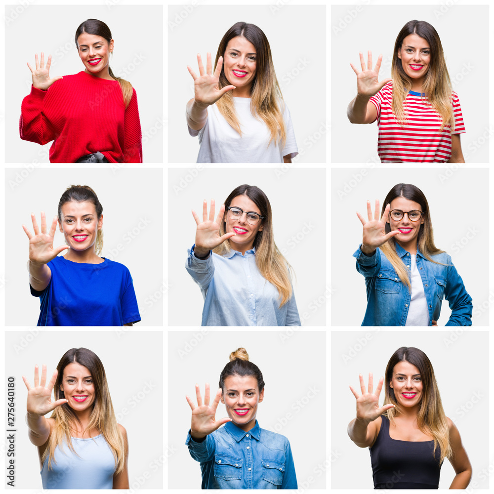 Collage of young beautiful woman over isolated background showing and pointing up with fingers number five while smiling confident and happy. Collage of young beautiful woman over isolated background showing and pointing up with fingers number five while smiling confident and happy.