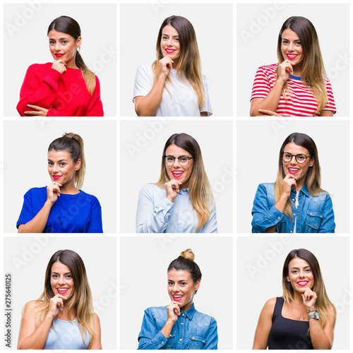 Collage of young beautiful woman over isolated background looking confident at the camera with smile with crossed arms and hand raised on chin. Thinking positive.