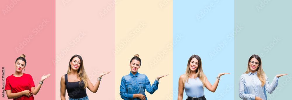 Fototapeta premium Collage of young beautiful woman over colorful stripes isolated background smiling cheerful presenting and pointing with palm of hand looking at the camera.